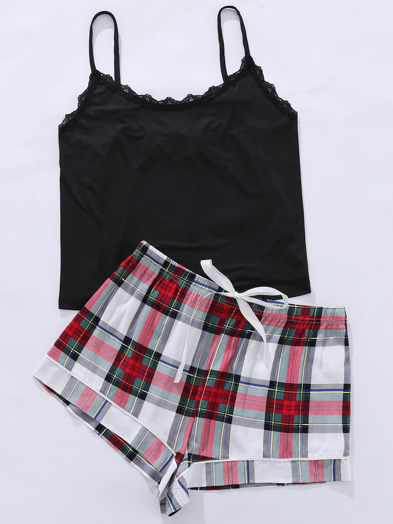 Plus Size Lace Trim Scoop Neck Cami and Printed Shorts Pajama Set Red Plaid