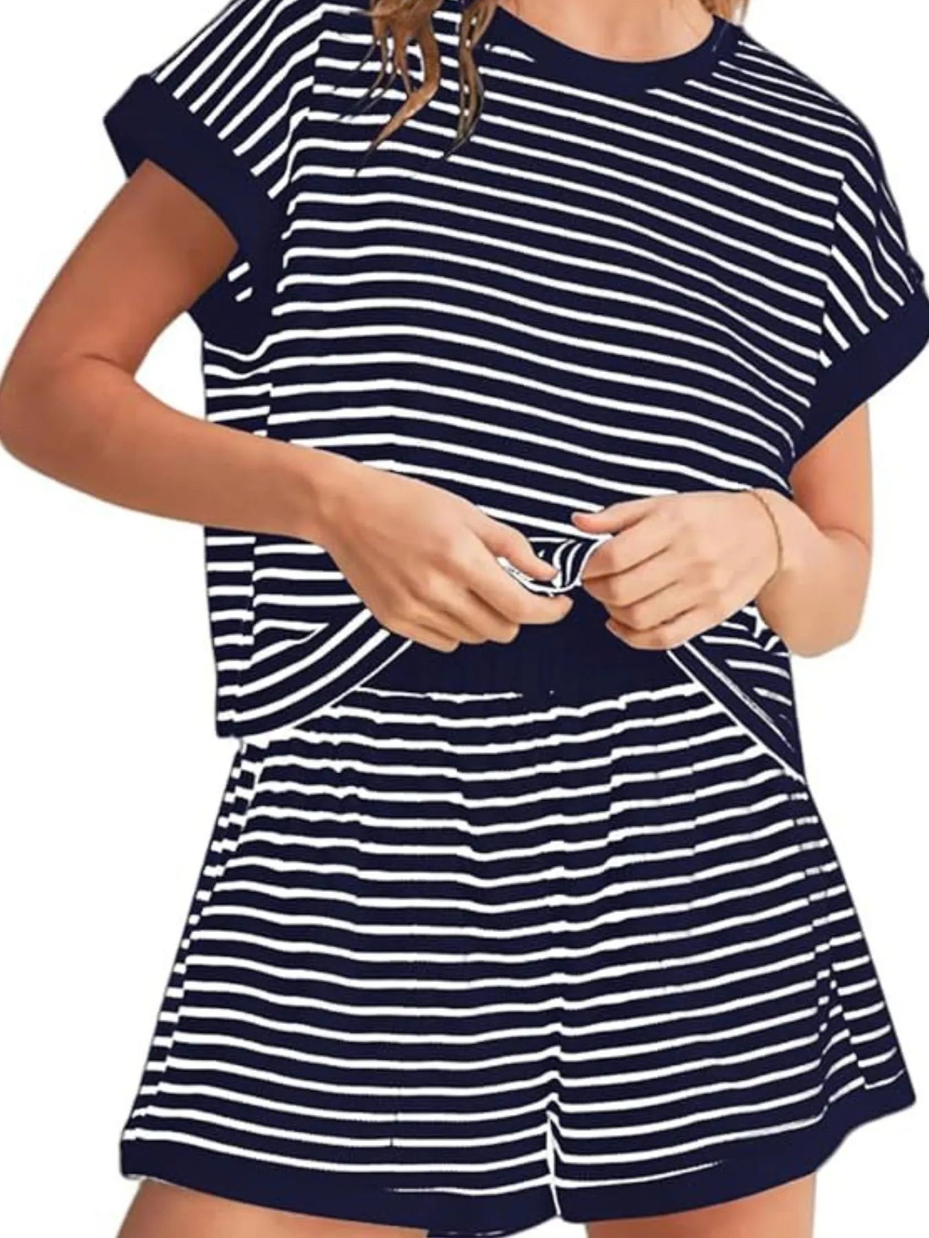 Full Size Contrast Striped T-Shirt and Shorts Set Plus Size White Stripes On Blue Background