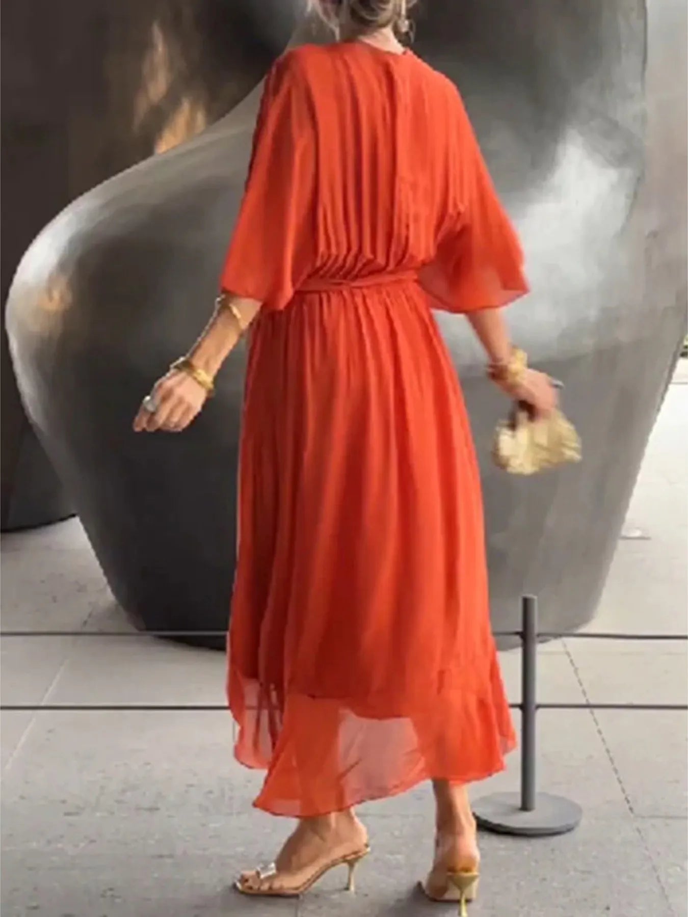 Full Size Flowy Tie Front Midi Dress with Flutter Sleeves Plus Size