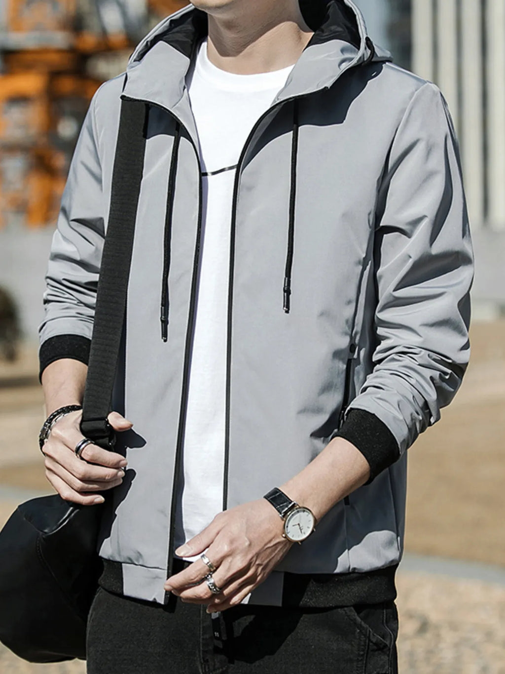 Men's Plus Size Drawstring Zip Up Hooded Jacket