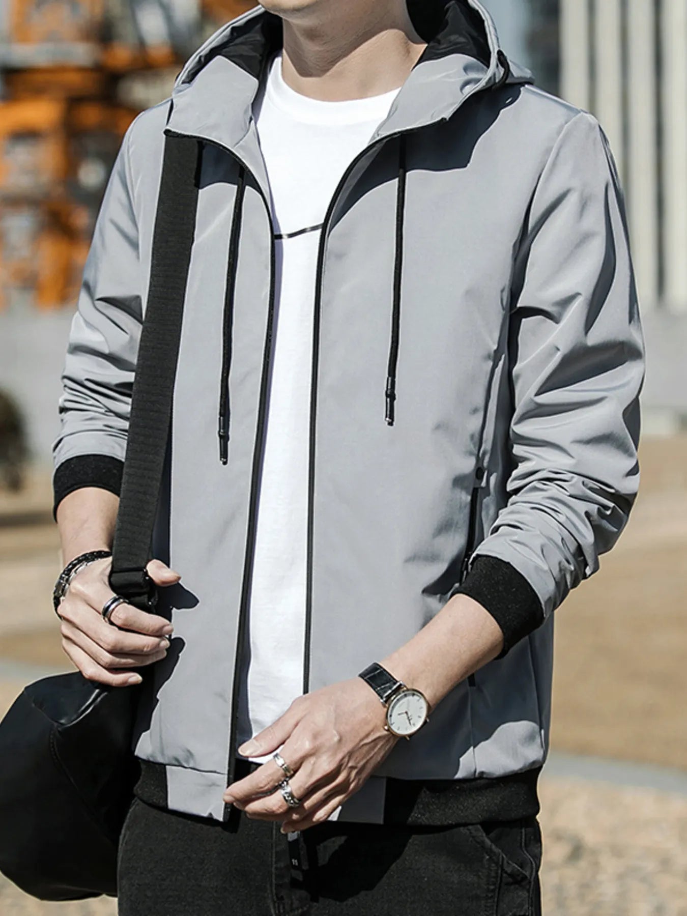 Men's Plus Size Drawstring Zip Up Hooded Jacket