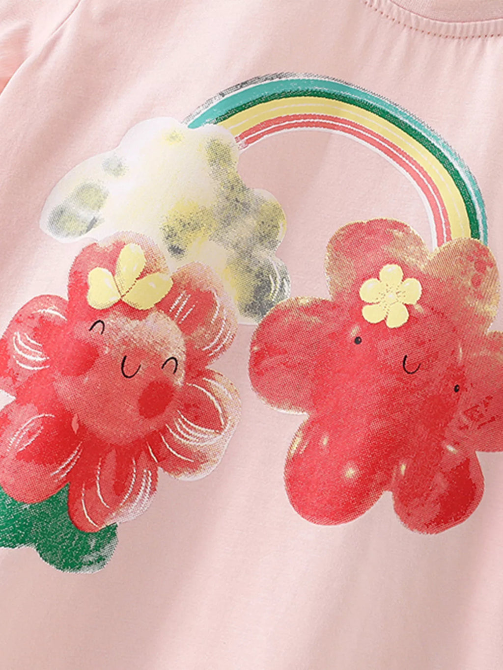 women's children's cute cartoon flower print short sleeve t-shirt - close-up detail