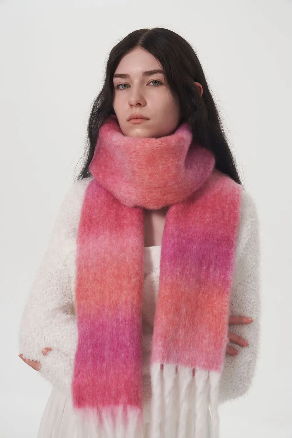 silky modal scarf layered over coat