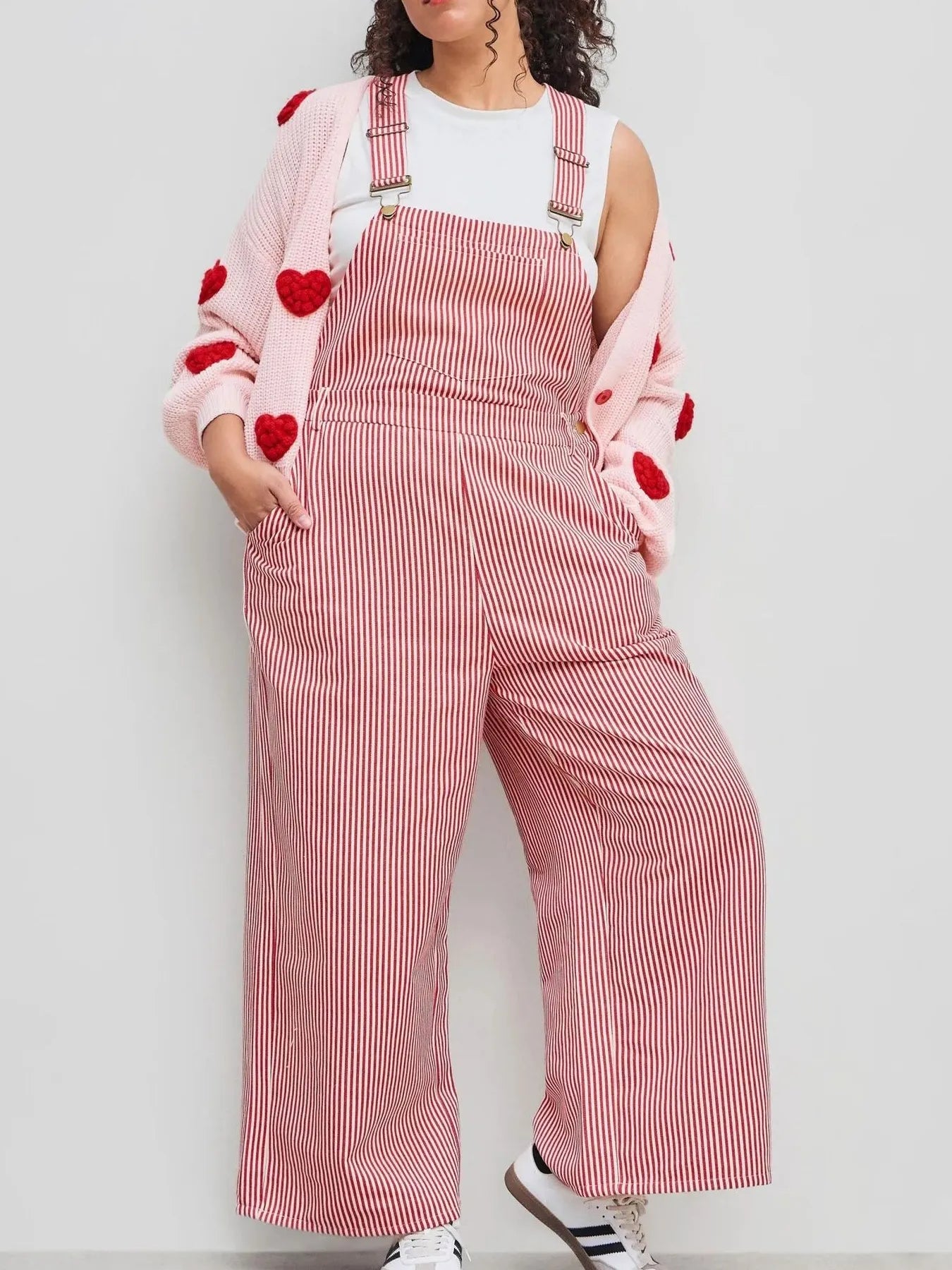 Striped Wide Leg Casual Overalls Red