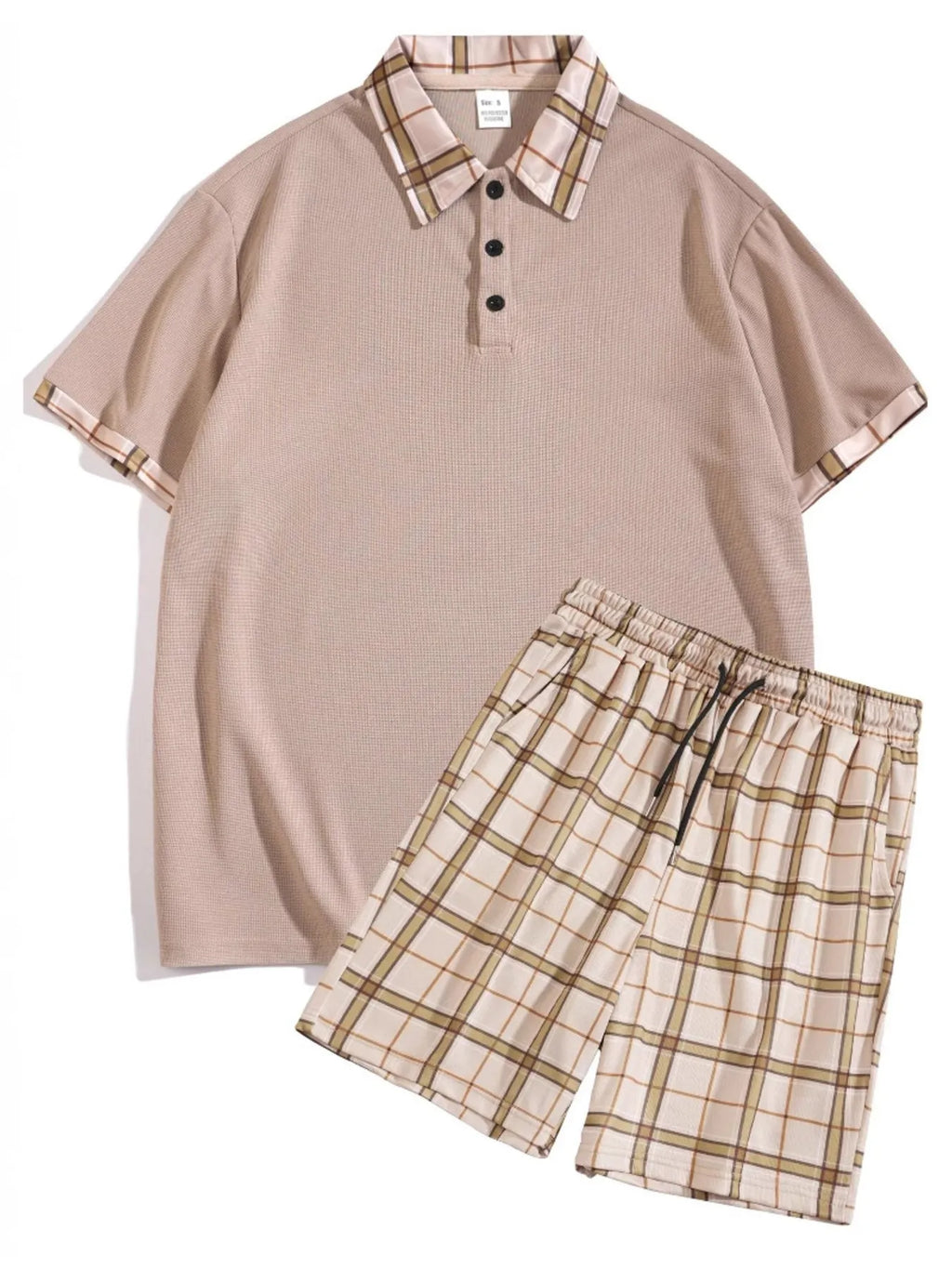 men's men's full size classic plaid collar polo and shorts set plus size - front view