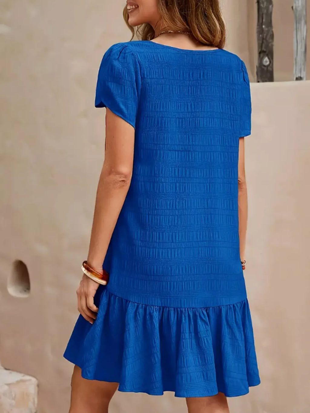 women's v-neck ruffle hem textured mini dress - styling option