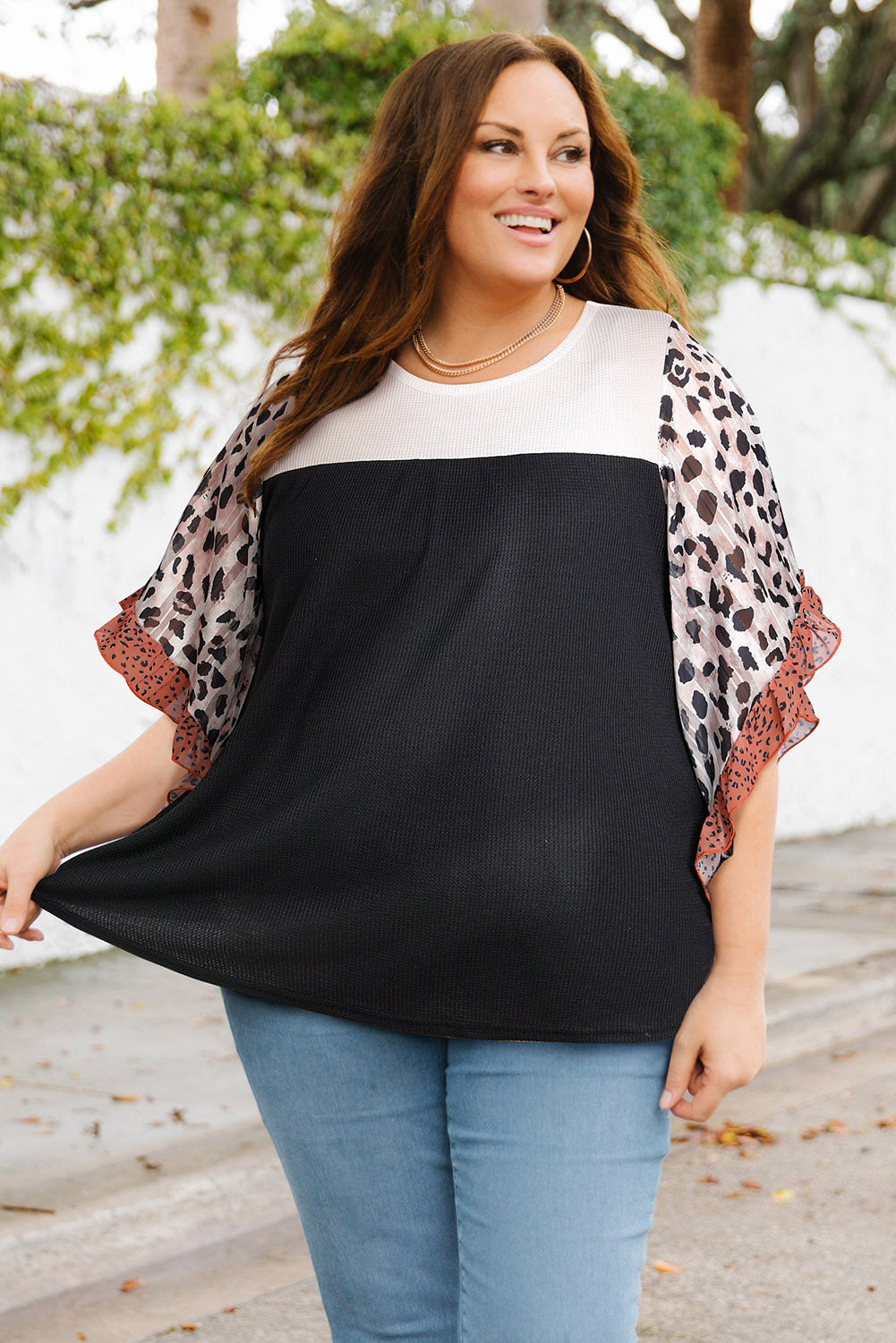 Plus Size Printed Color Block Ruffled Blouse Black