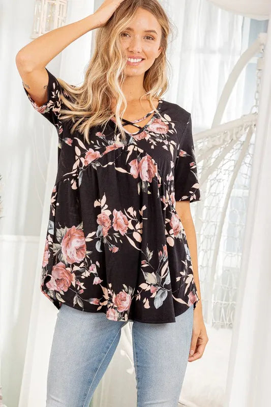 Heimish Full Size Crisscross Neck Floral Babydoll Top Plus Size Black