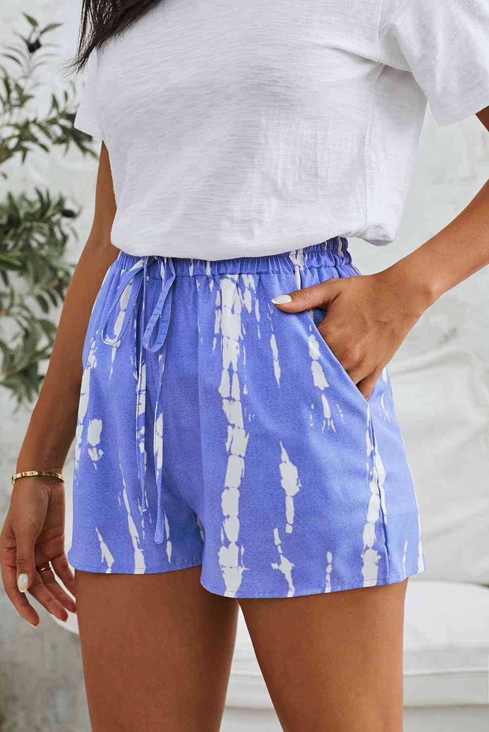 Tie-Dye Drawstring Waist Shorts with Pockets Periwinkle