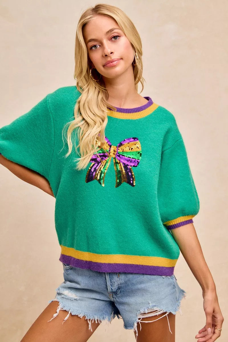women's bibi mardi gras sequin ribbon patched sweater - detail shot