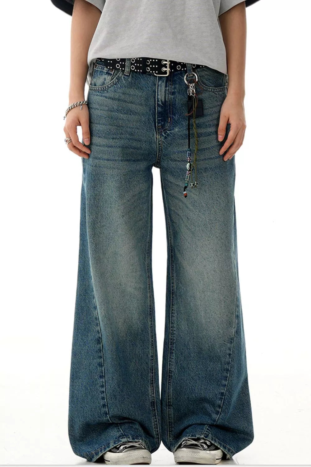 men's men's wide leg vintage wash jeans - product showcase