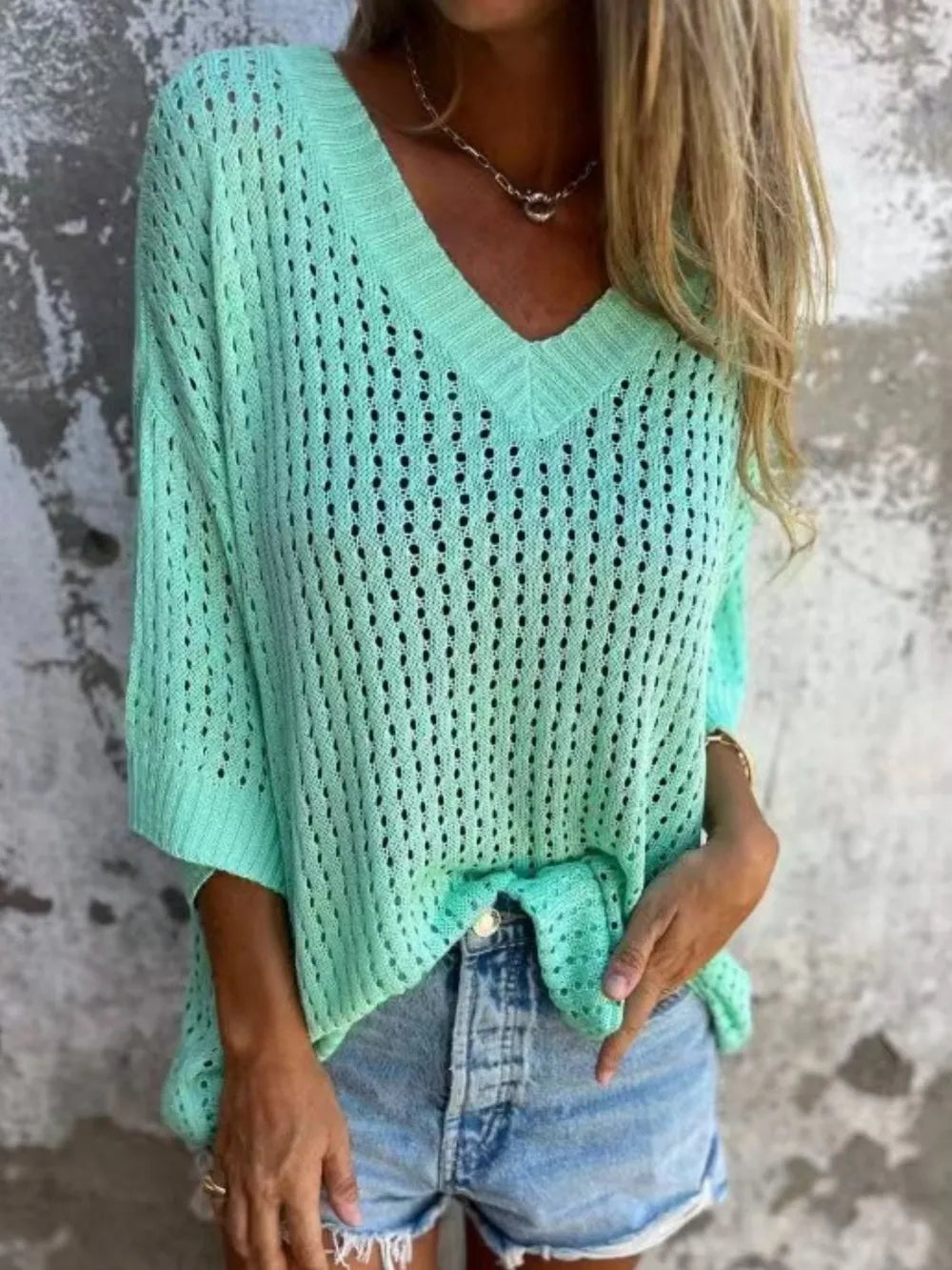 Full Size Openwork V-Neck Knit Cover Up Plus Size Tiffany Blue
