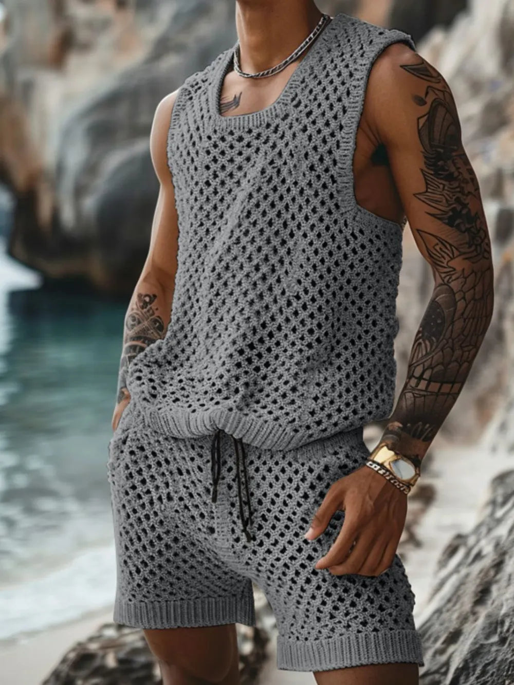 Men's Plus Size Hollow Out Round Neck Tank and Shorts Set Gray