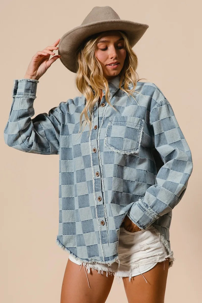 bibi frayed edged detail washed checker denim shirt shown as women’s outerwear