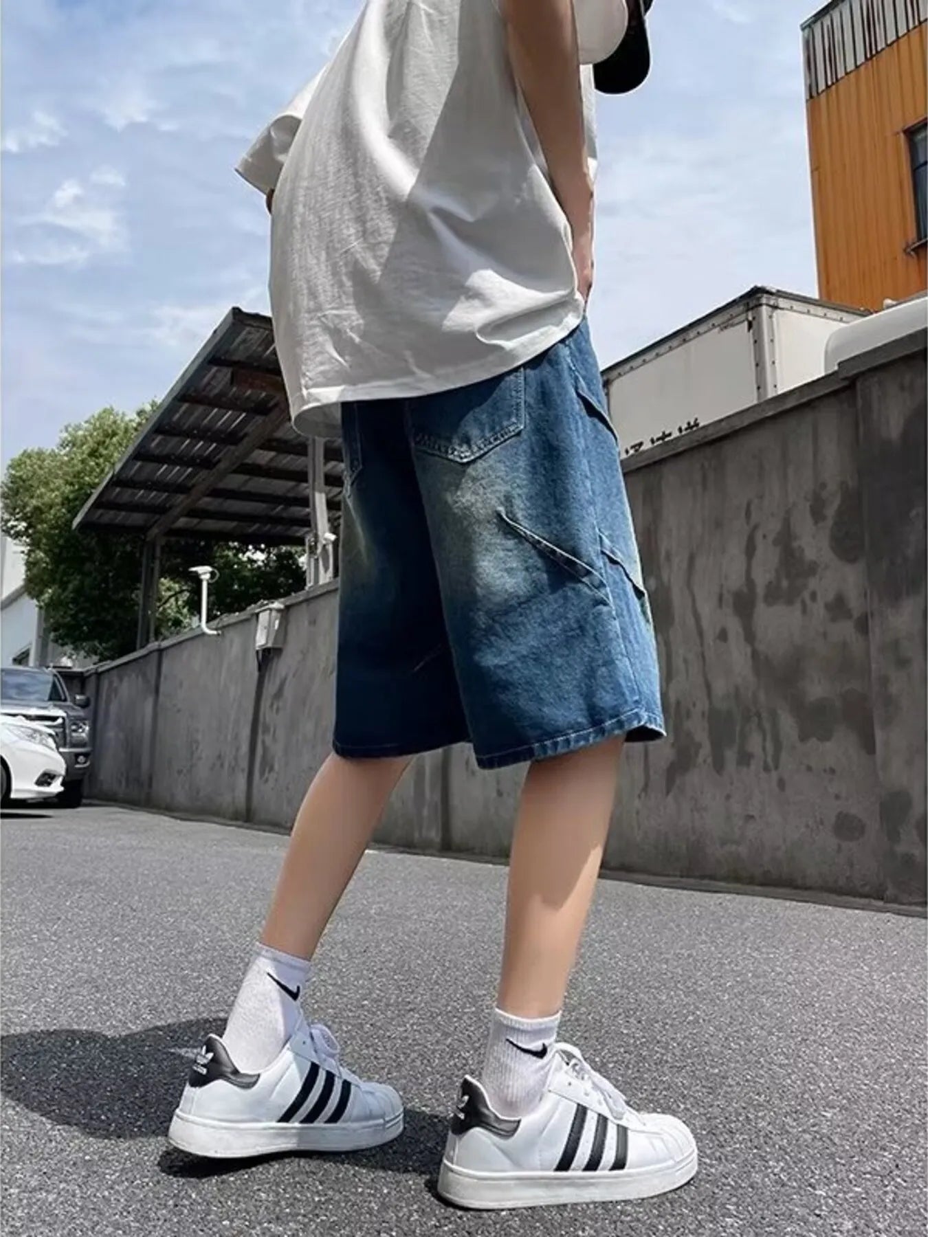 men's men's full size vintage wash wide-leg denim shorts plus size - lifestyle shot
