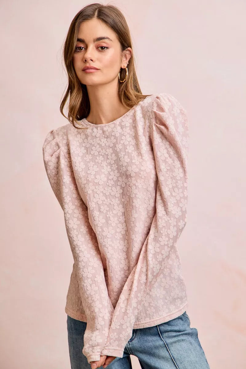 women's bibi textured flower knit puff shoulder top - product detail