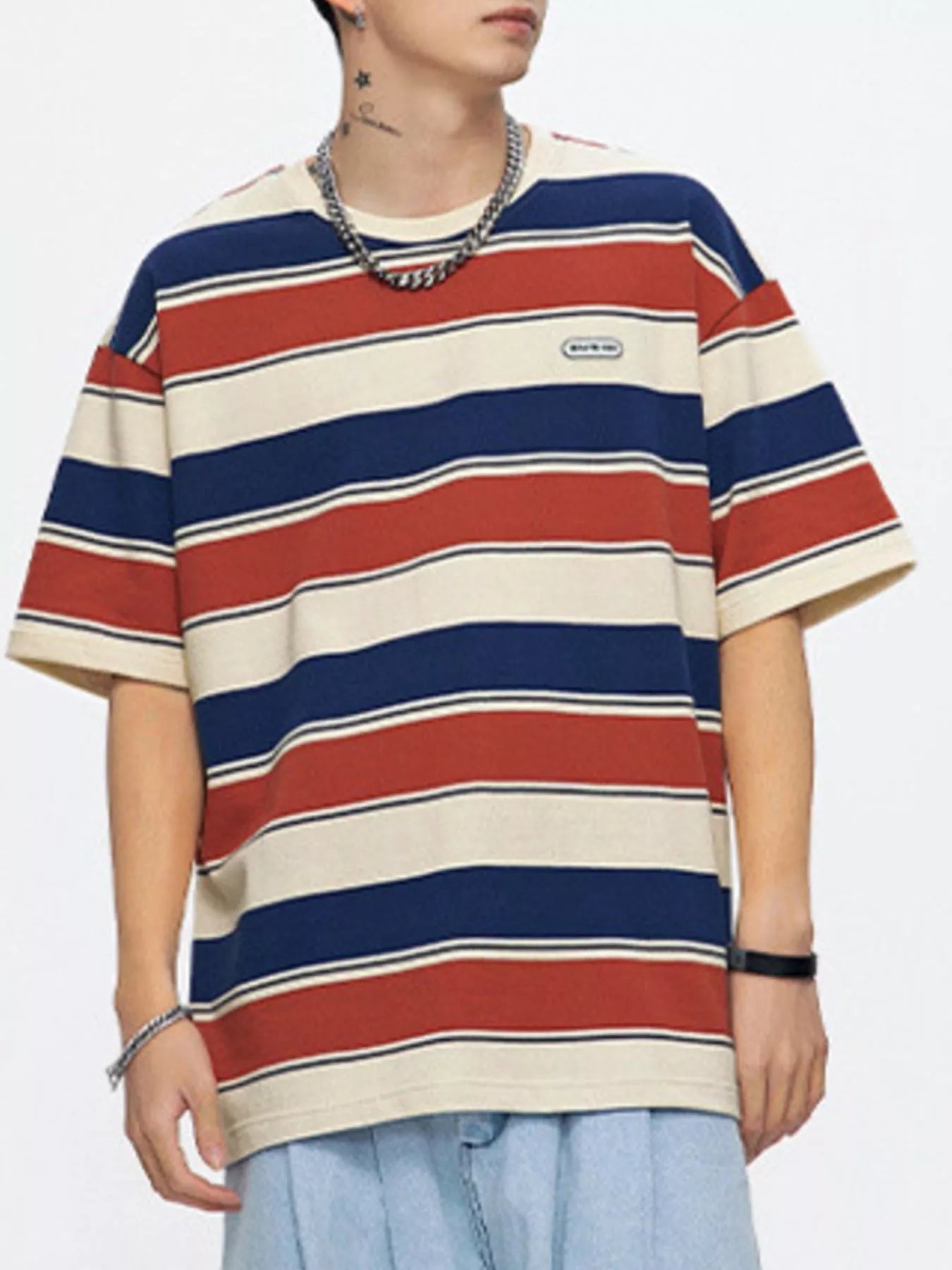 men's men's full size striped round neck oversized t-shirt plus size - styled view