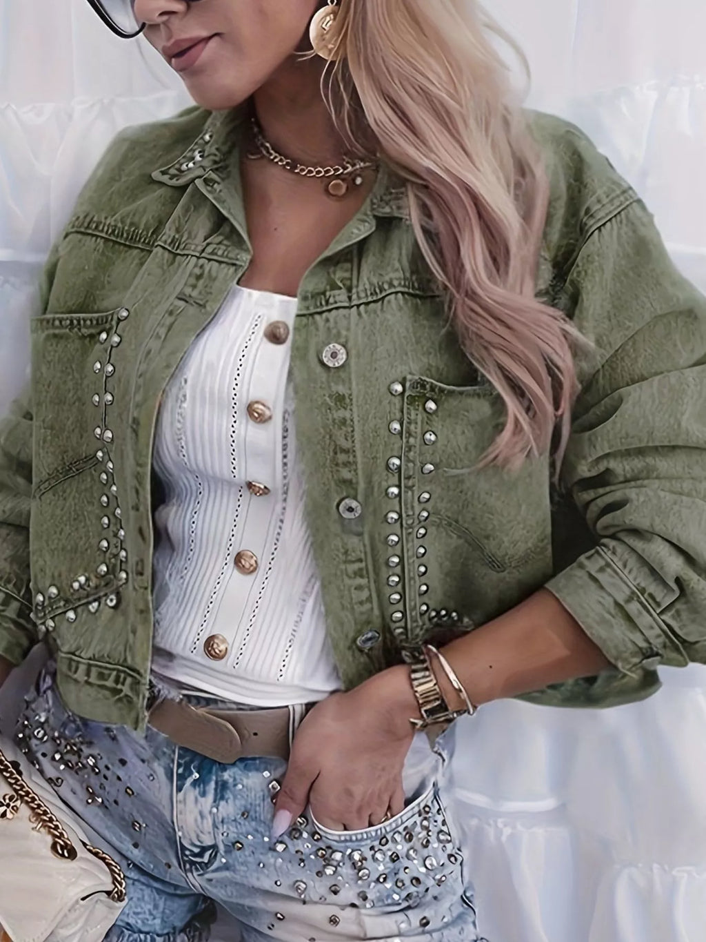 women's studded button up wash denim jacket - styling option