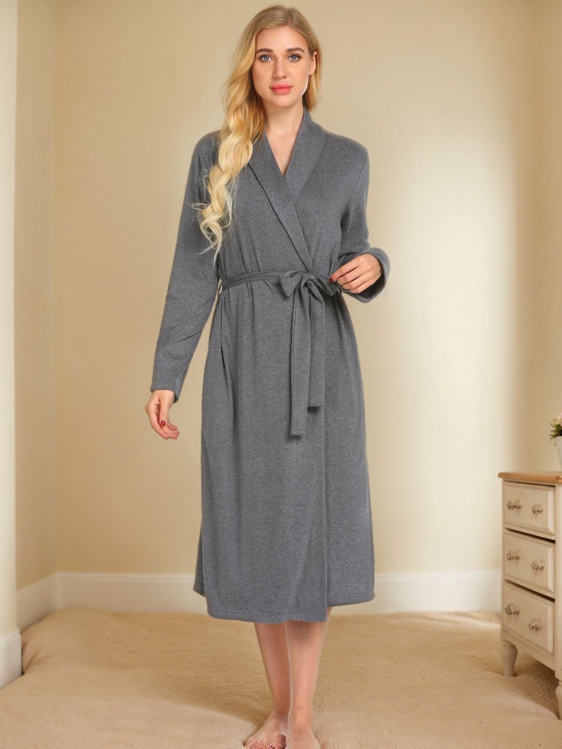 Tied Lounge Nightgown with Pockets Gray