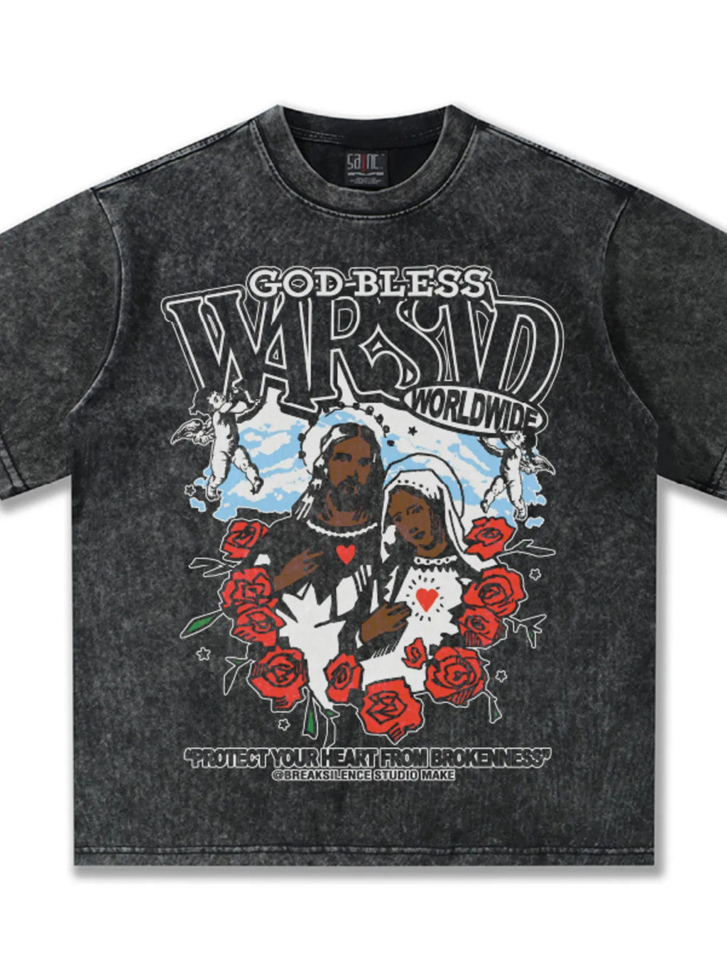 men's men's god-bless graphic print vintage wash t-shirt - detail shot