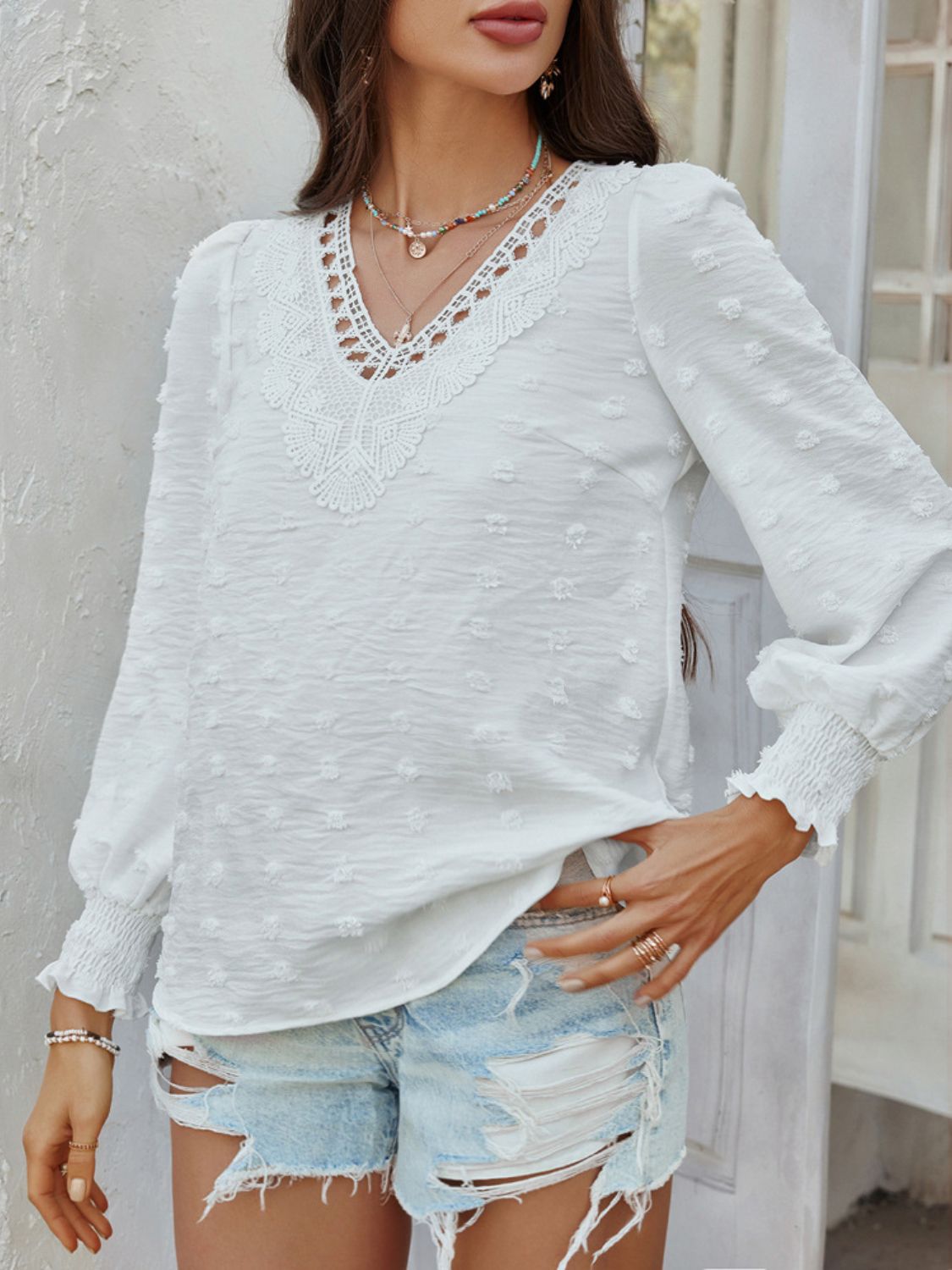 Devine Swiss Dot Lace Detail V-Neck Long Sleeve Blouse White