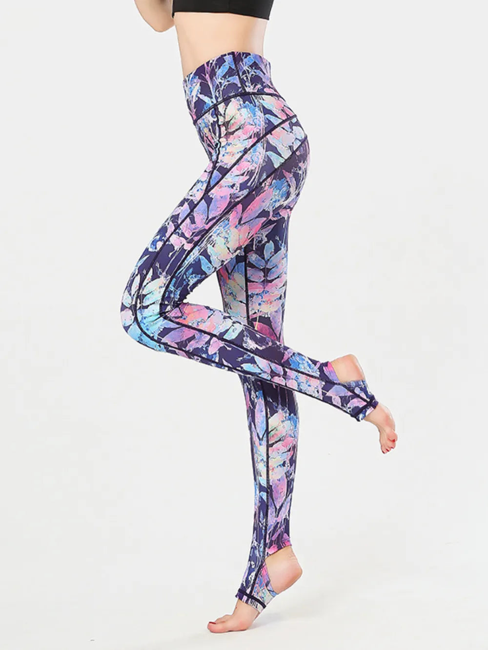women's printed wide waistband active leggings with stirrups - styling option