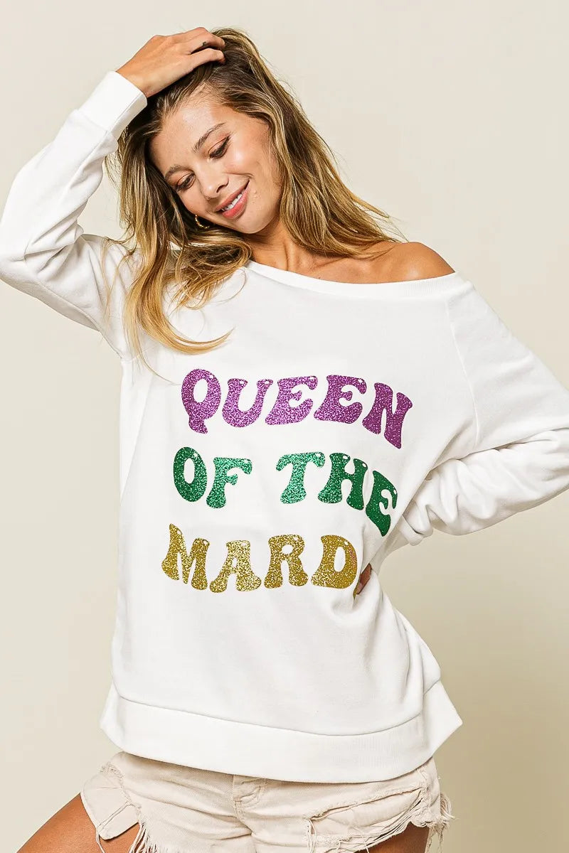 women's bibi queen of mardi glitter print mardi gras sweatshirt - additional image