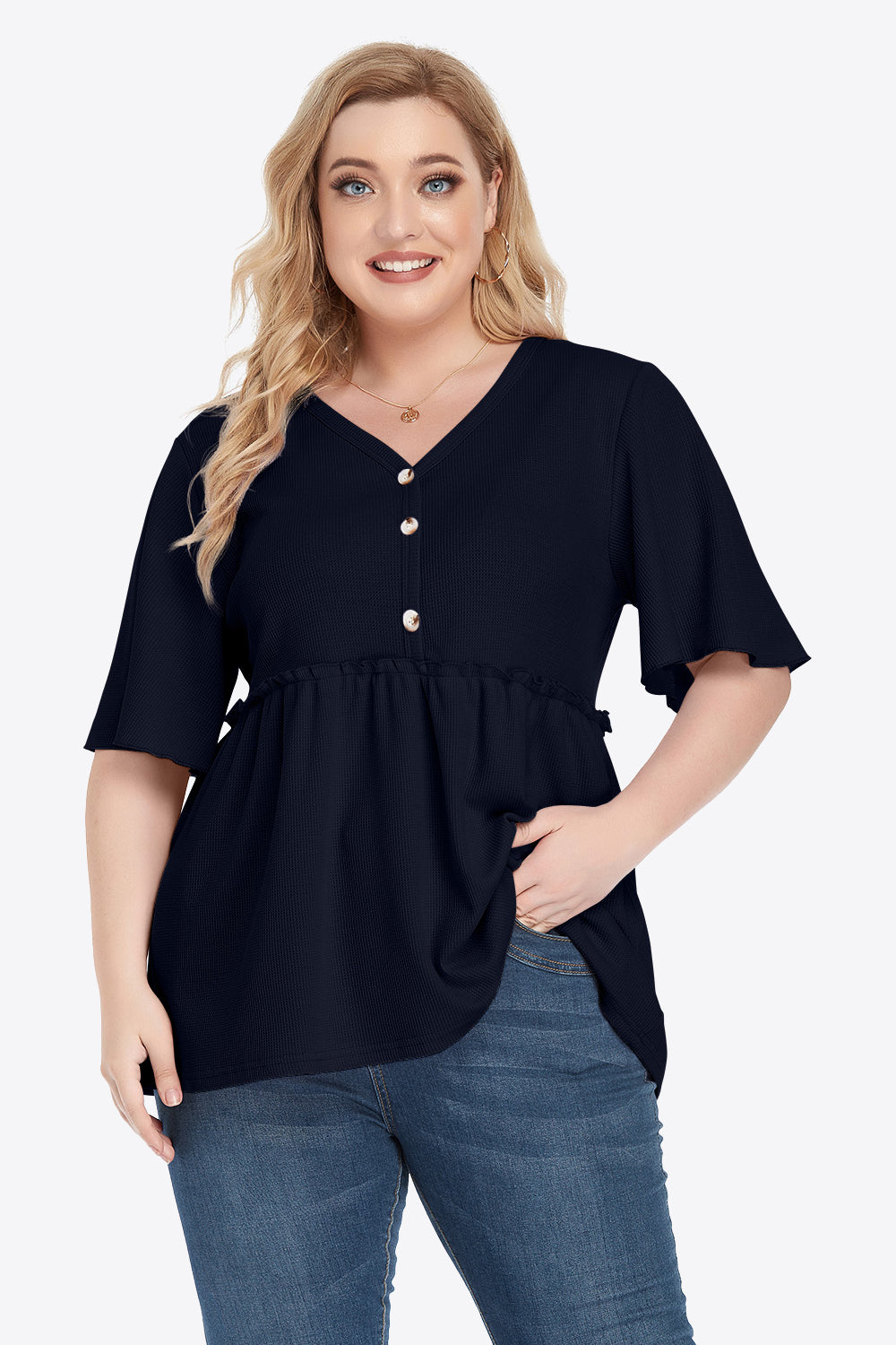 Plus Size Buttoned V-Neck Frill Trim Babydoll Blouse Dark Blue