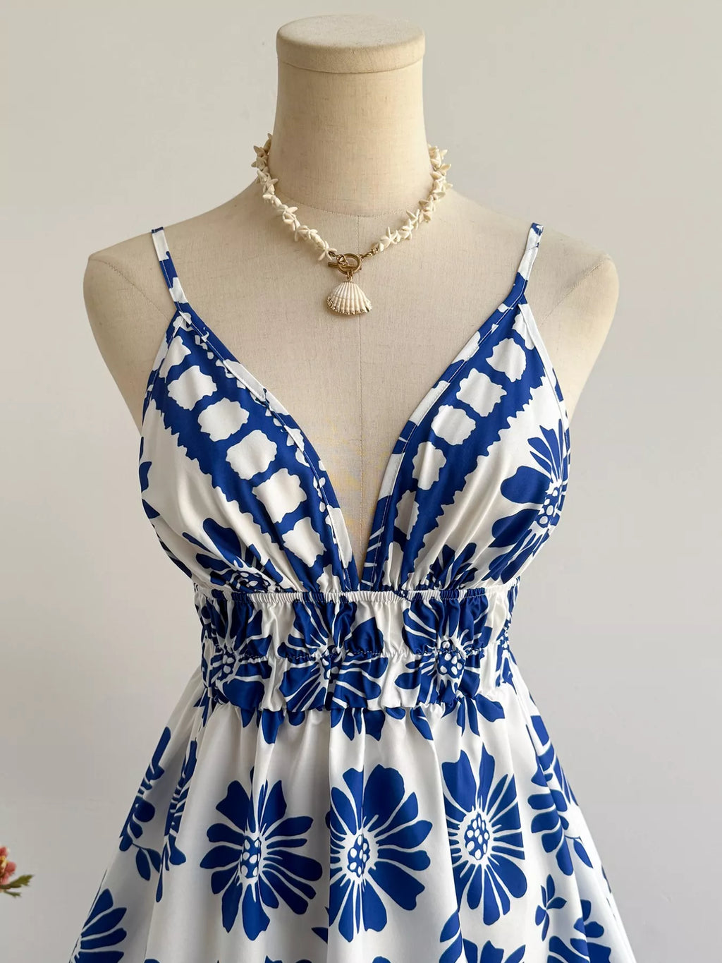 women's floral print v-neck mini dress - detail shot