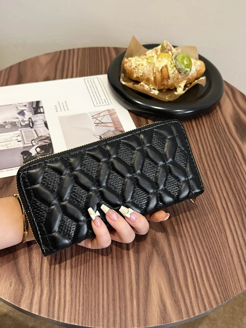 PU Leather Solid Color Wallet Black Grid One Size