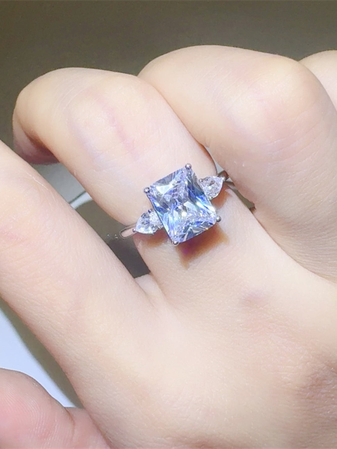 simple rings moissanite wedding band 3 Carat Moissanite 925 Sterling Silver Square Shape Ring in Silver, size 5, 6, 7, 8, 9, shown in angled view highlighting gemstone detail