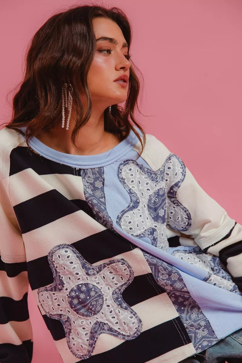 women's bibi patchwork striped round neck sweatshirt - close-up detail