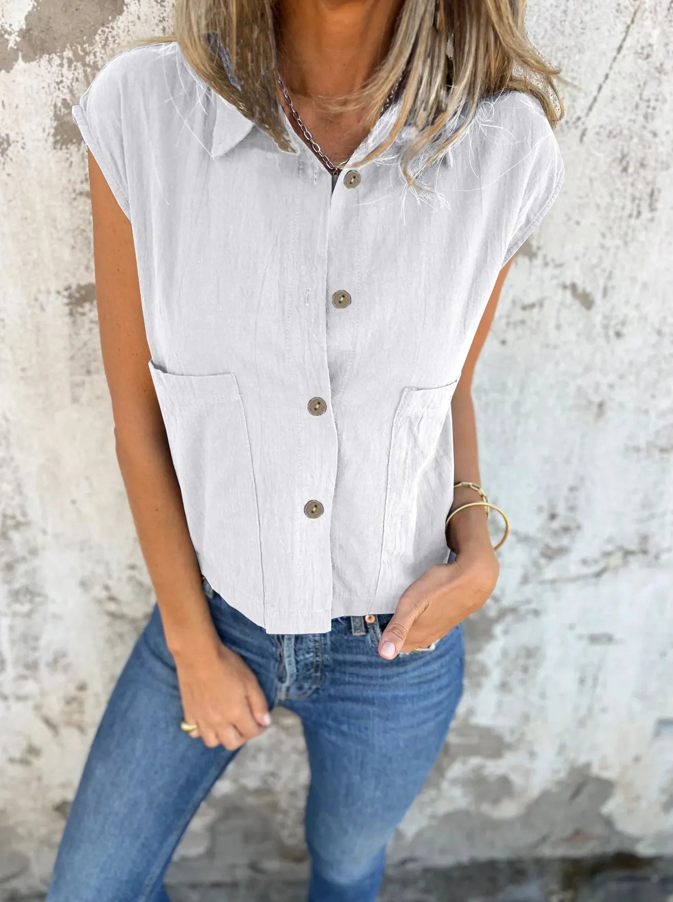 Full Size Button Down Cap Sleeve Linen Shirt Plus Size White