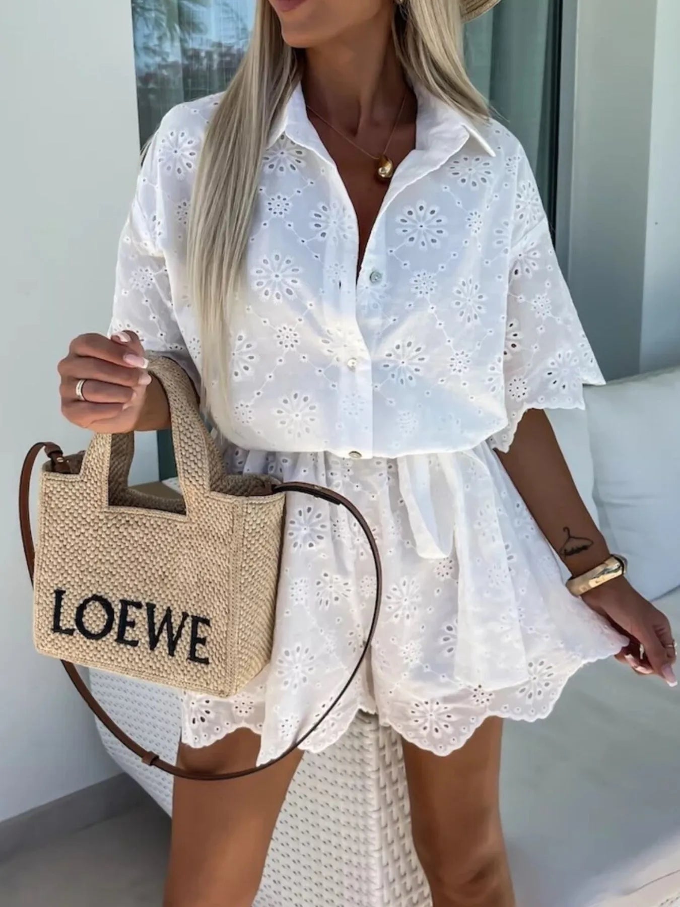 Eyelet Lace Button-Up Romper White