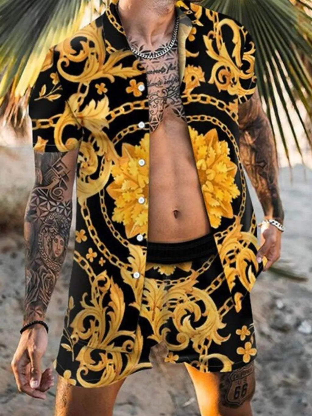 plus size short sleeve shirt & shorts combo in gold – Donjane