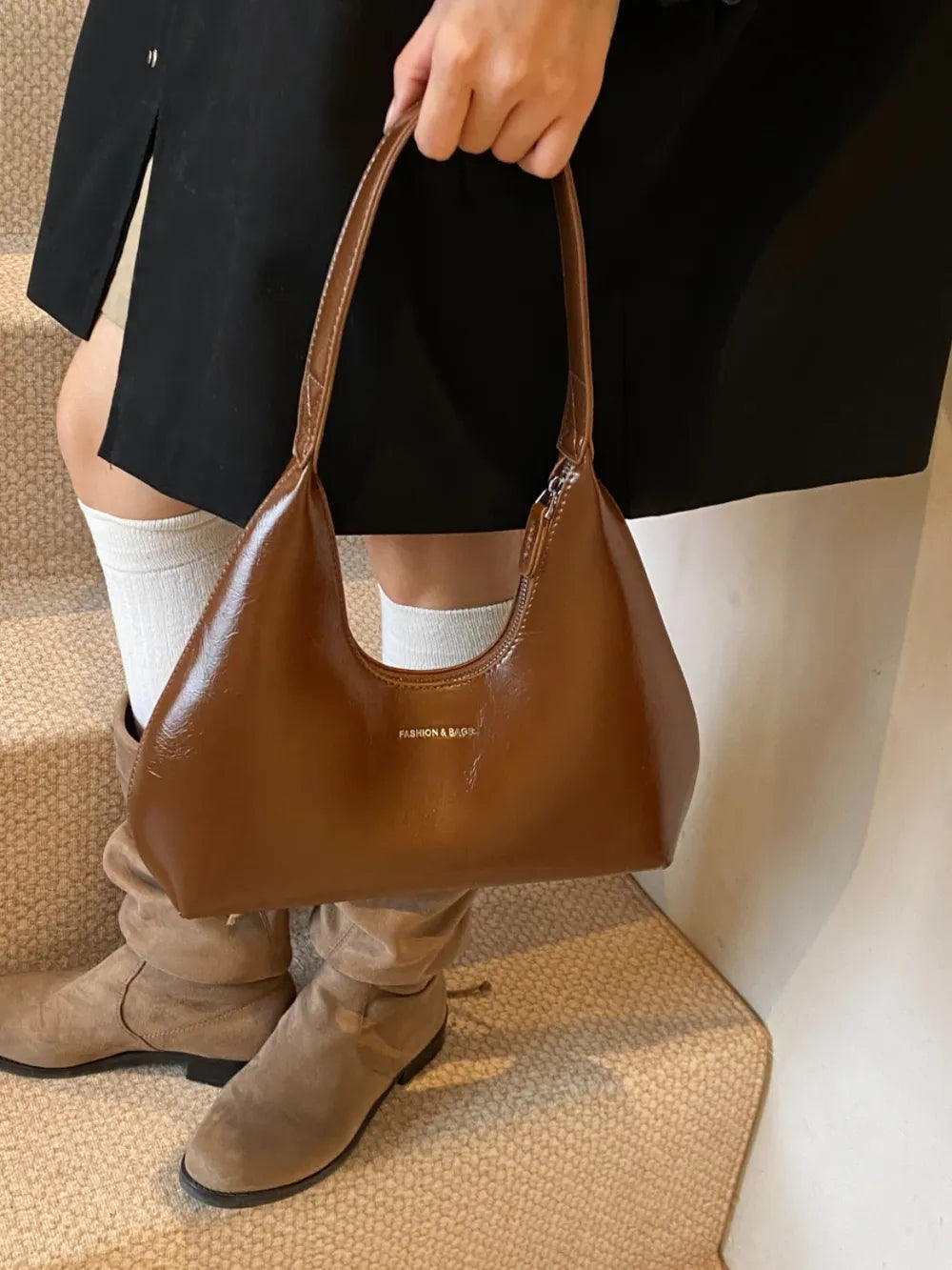 PU Leather Shoulder Bag Caramel One Size