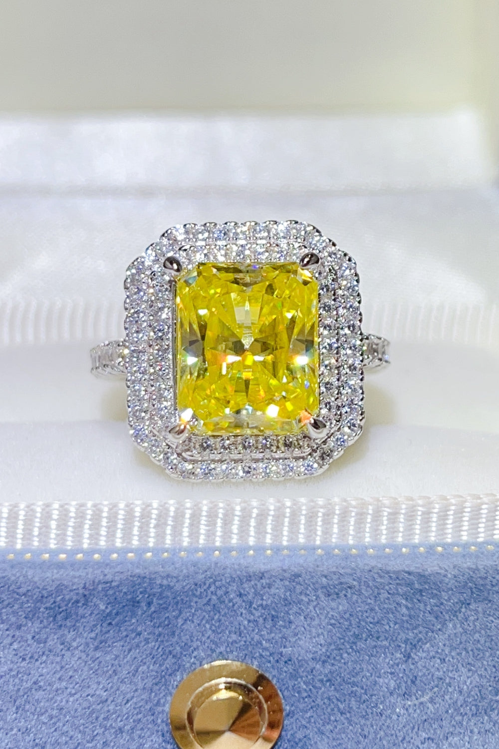 couple gold ring stackable fashion rings 2 Carat Moissanite 925 Sterling Silver Ring in Yellow, size 9, 5, 6, 7, 8, shown in close-up highlighting gemstone detail