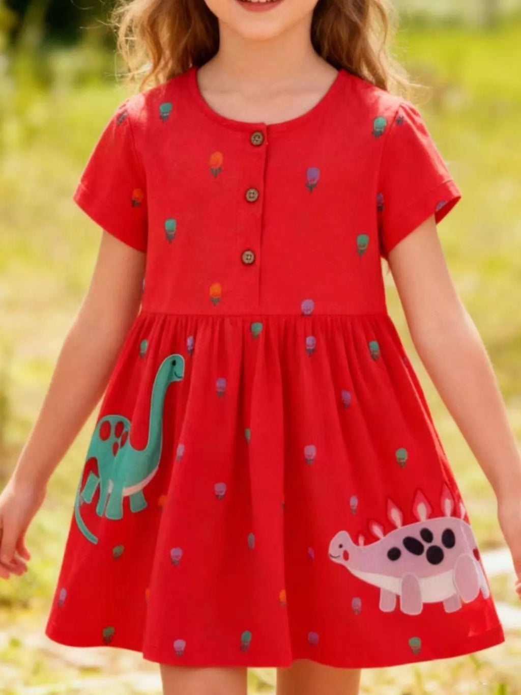 women's children's dinosaur button-front dress - product showcase