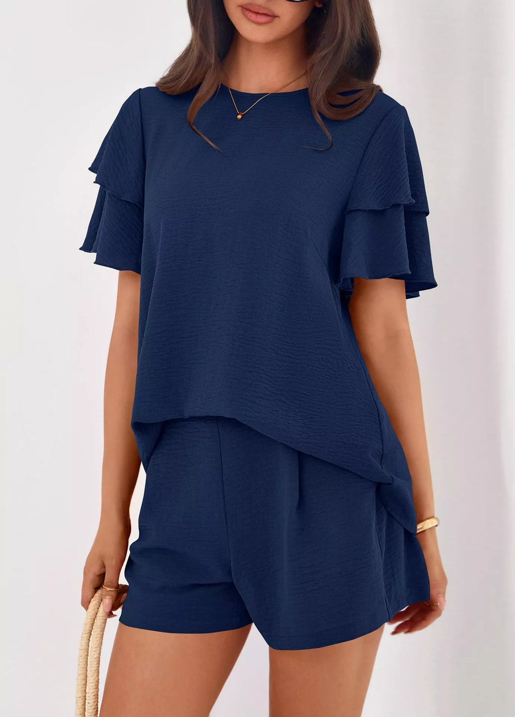women's ruffle sleeve top and shorts two-piece set - additional image