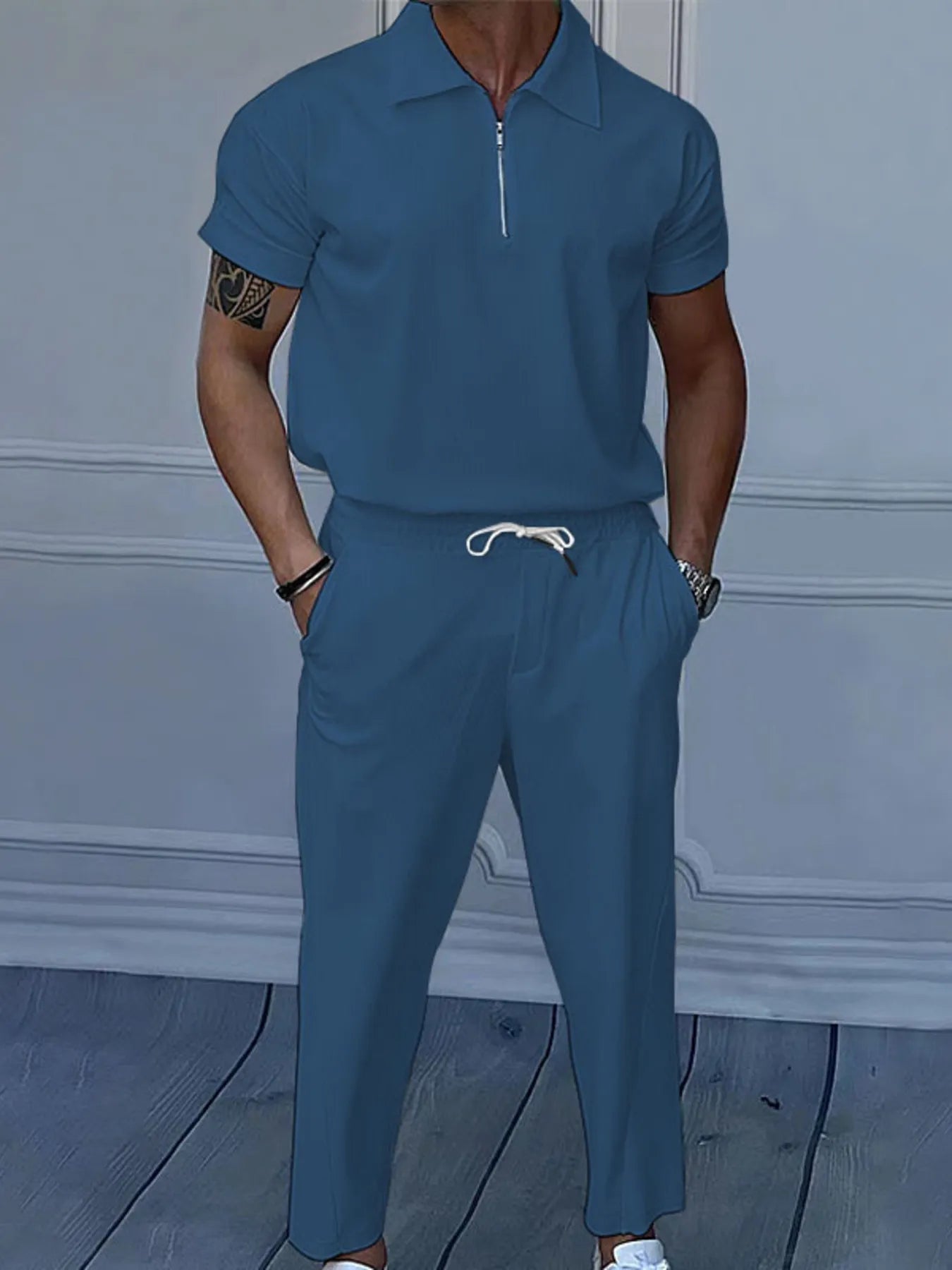 men's men's full size quarter zip short sleeve polo and pants set plus size - product detail