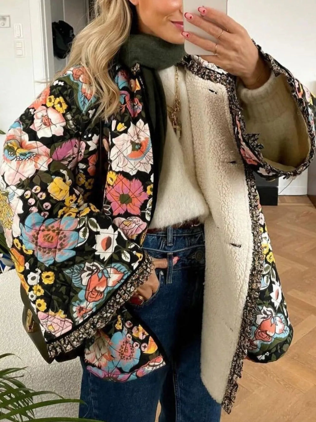 women's full size floral print quilted sherpa-lined jacket plus size - product showcase