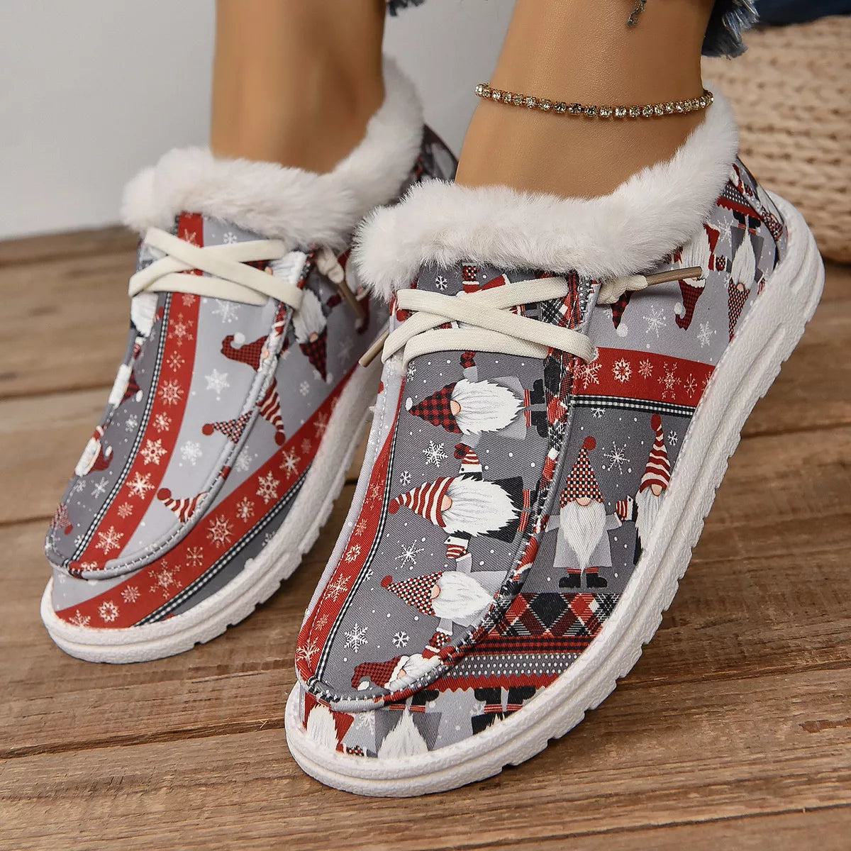 women's christmas print round toe sneakers - styled view