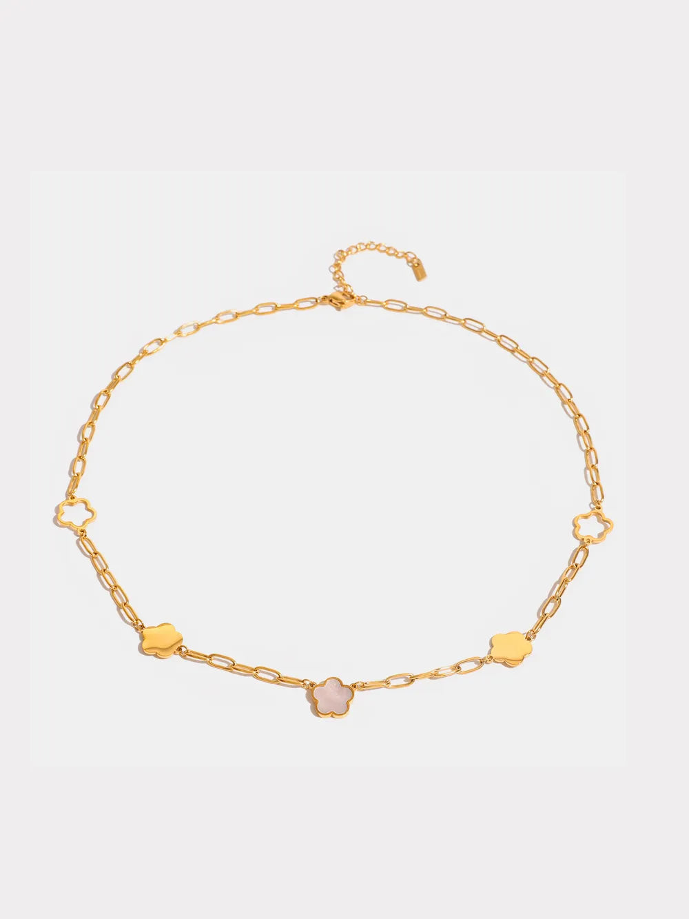 women’s activewear — stainless steel white mother-of-pearl flower necklace