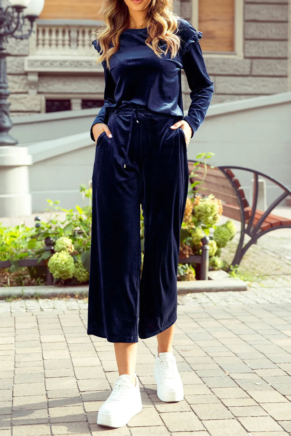 Velvet Round Neck Long Sleeve Top and Drawstring Pants Lounge Set Navy