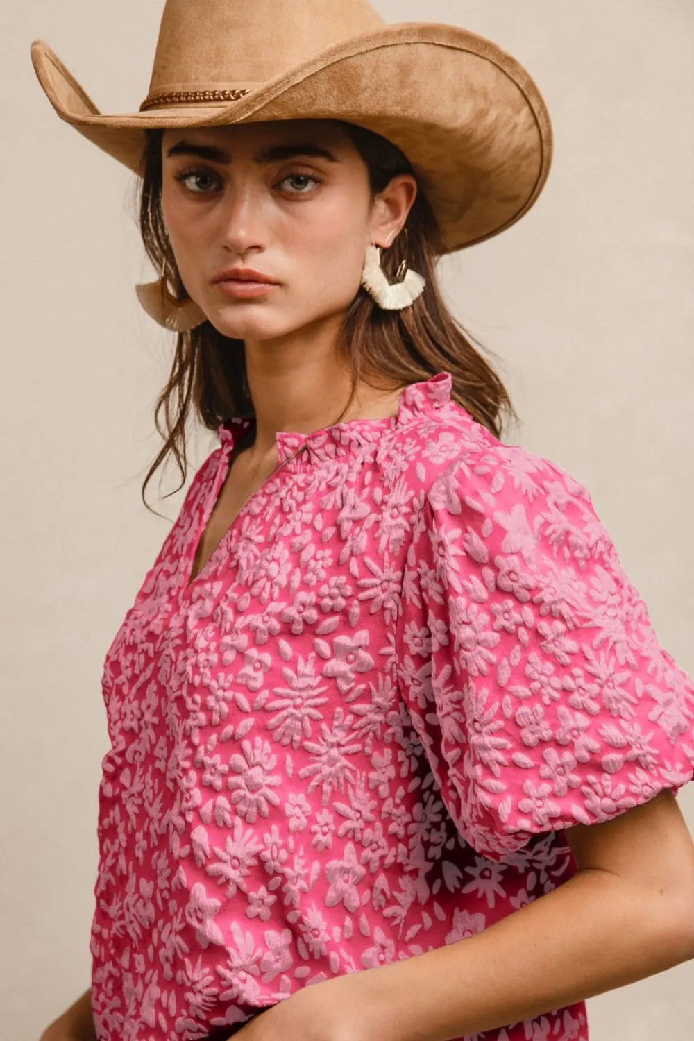 bibi floral pattern texture short balloon sleeves ruffled blouse shown as women’s outerwear