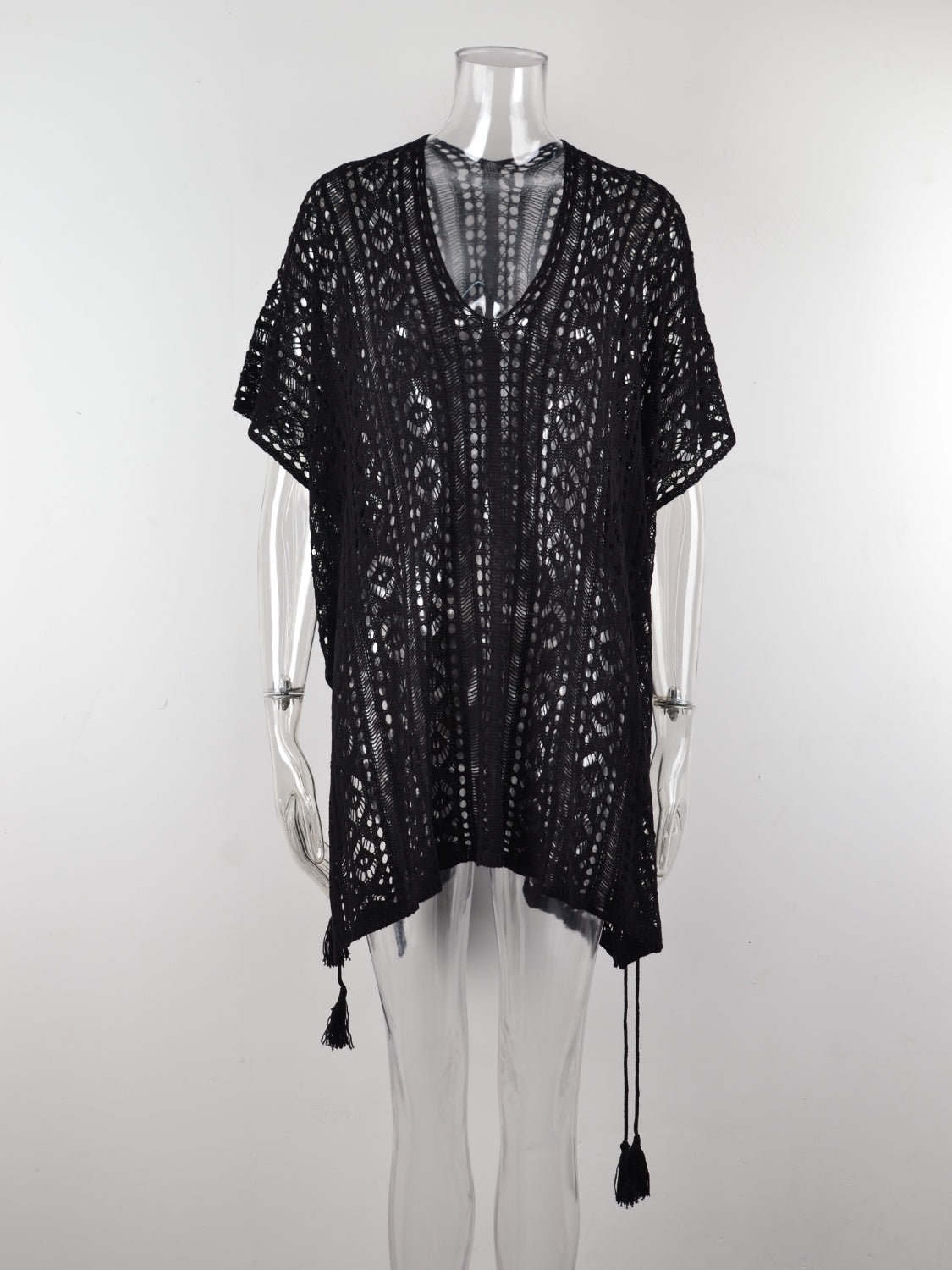 Angel Wings Cutout V-Neck Cover-Up with Tassel Black One Size