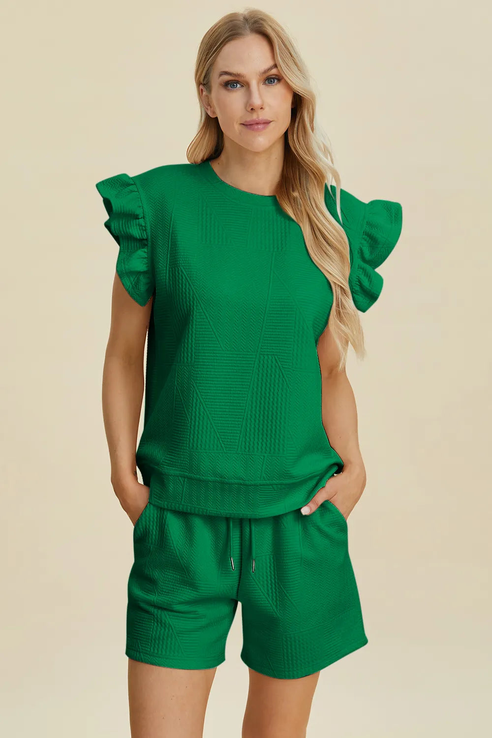 Double Take Full Size Texture Round Neck Ruffle Sleeve Top and Shorts Set Dark Green