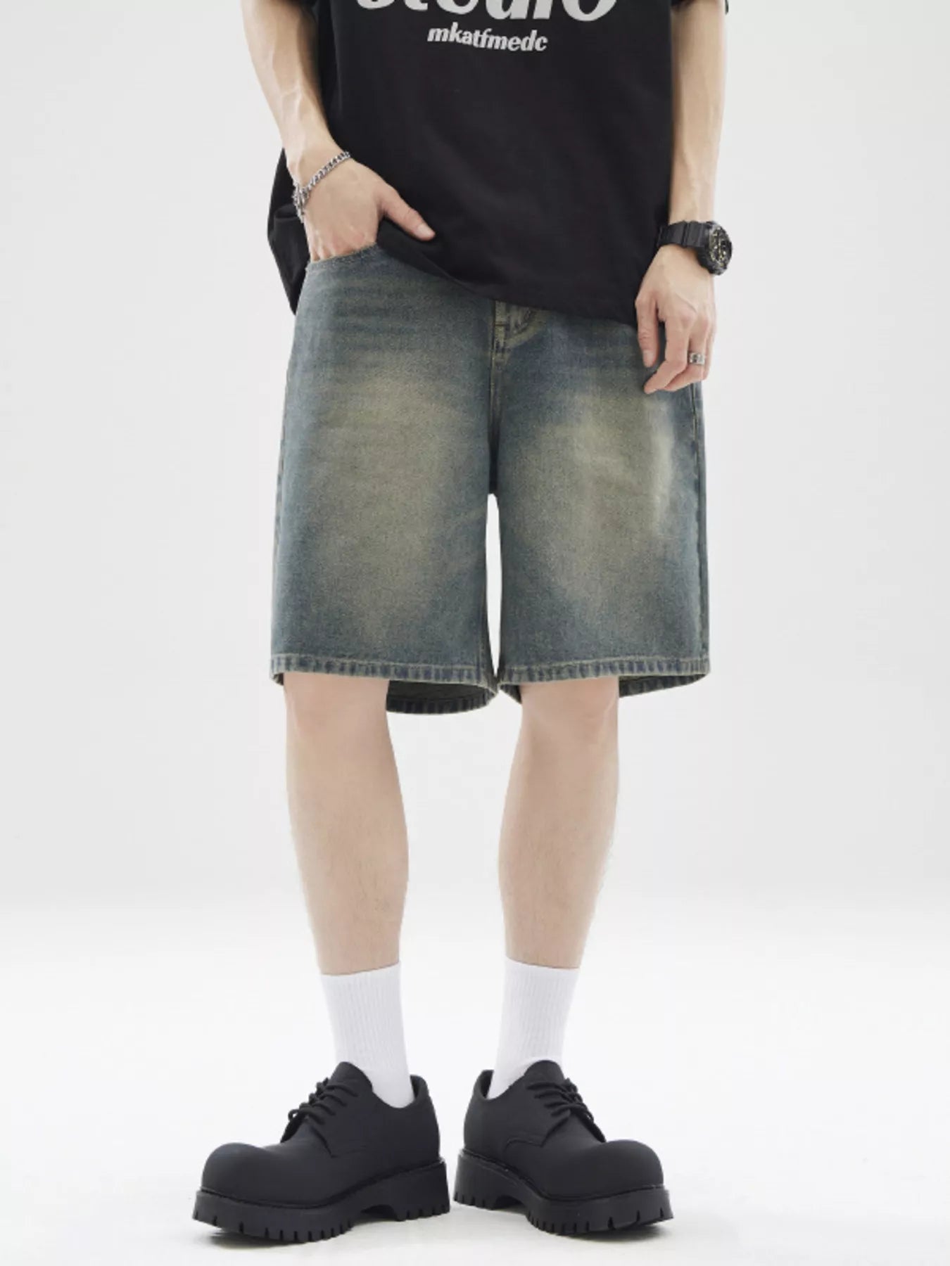 men's men's full size vintage wash wide leg denim shorts plus size - product showcase