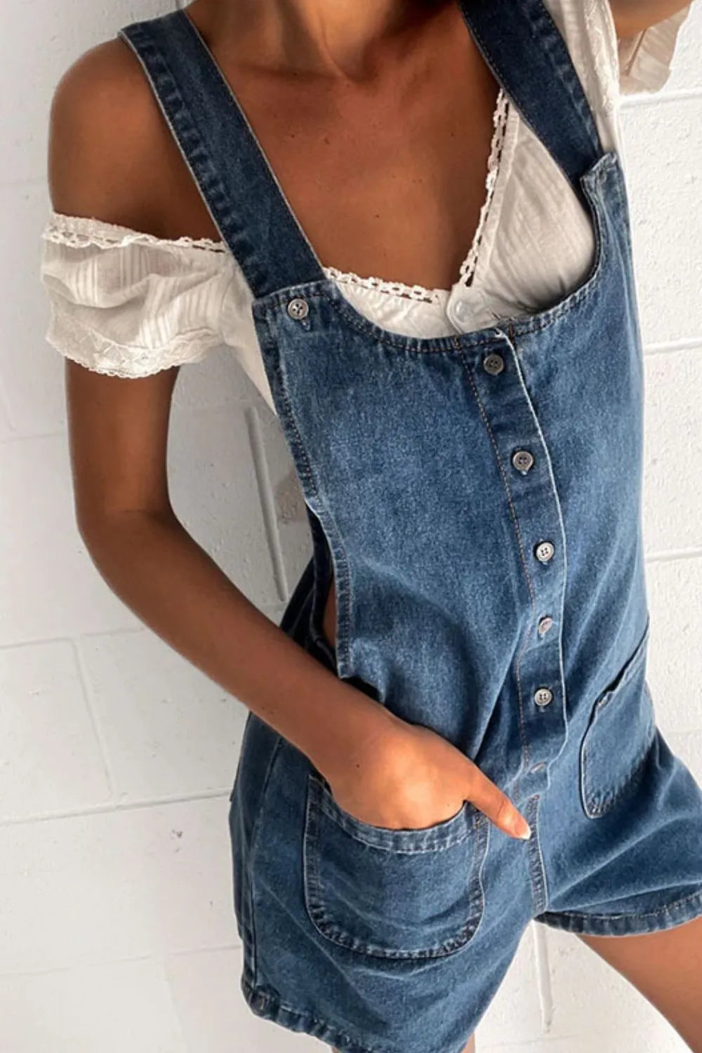 Button Front Denim Overall Shorts with Front Pockets