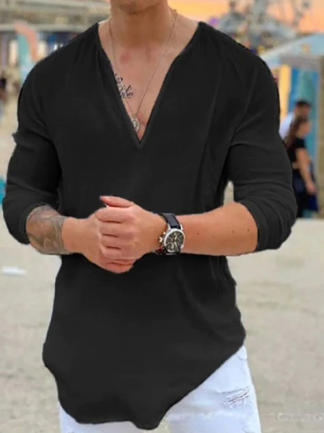 Men's Full Size V-Neck Long Sleeve Top Plus Size Black